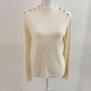 EUC Talbots Off White Mock Neck Ribbed Knit Button Shoulder Sweater Size L